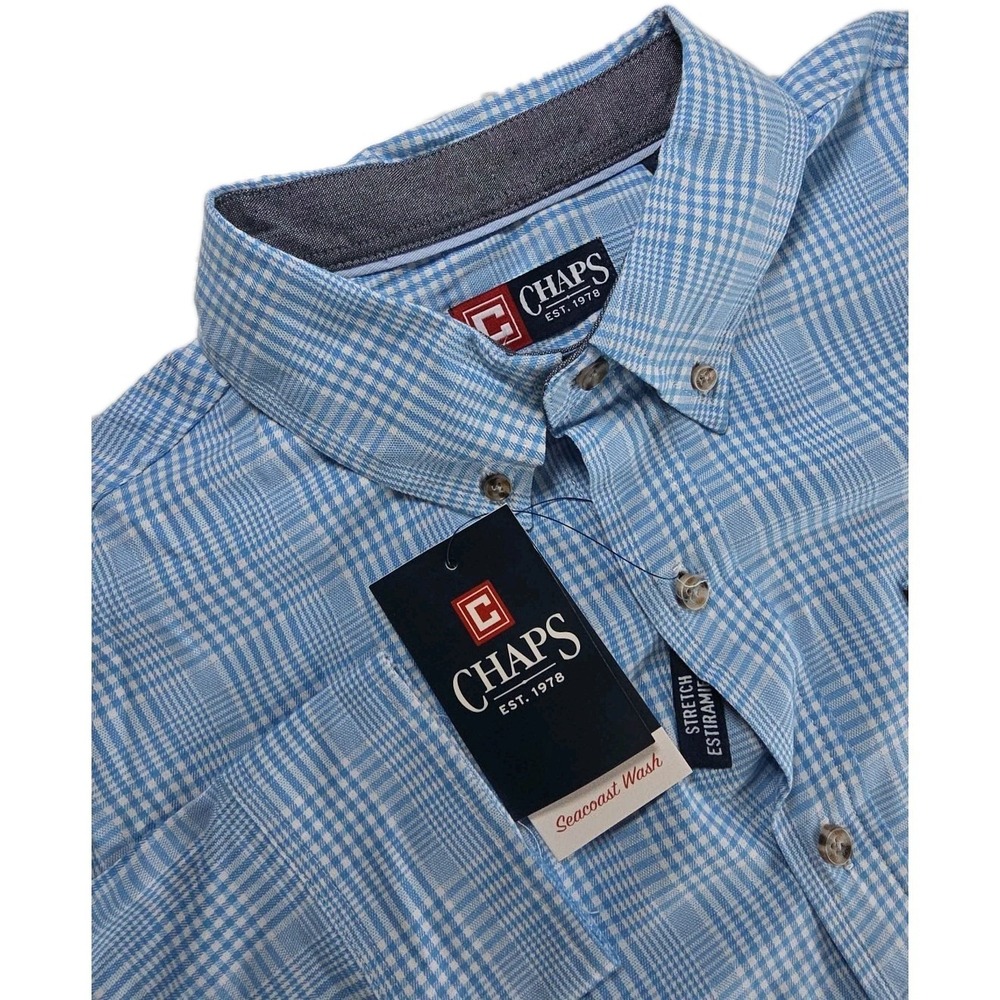 CHAPS MEN LARGE SEACOST WAS DRESS SHIRT, SKY BLUE PLAID, STRETCH LONG SLEEVE